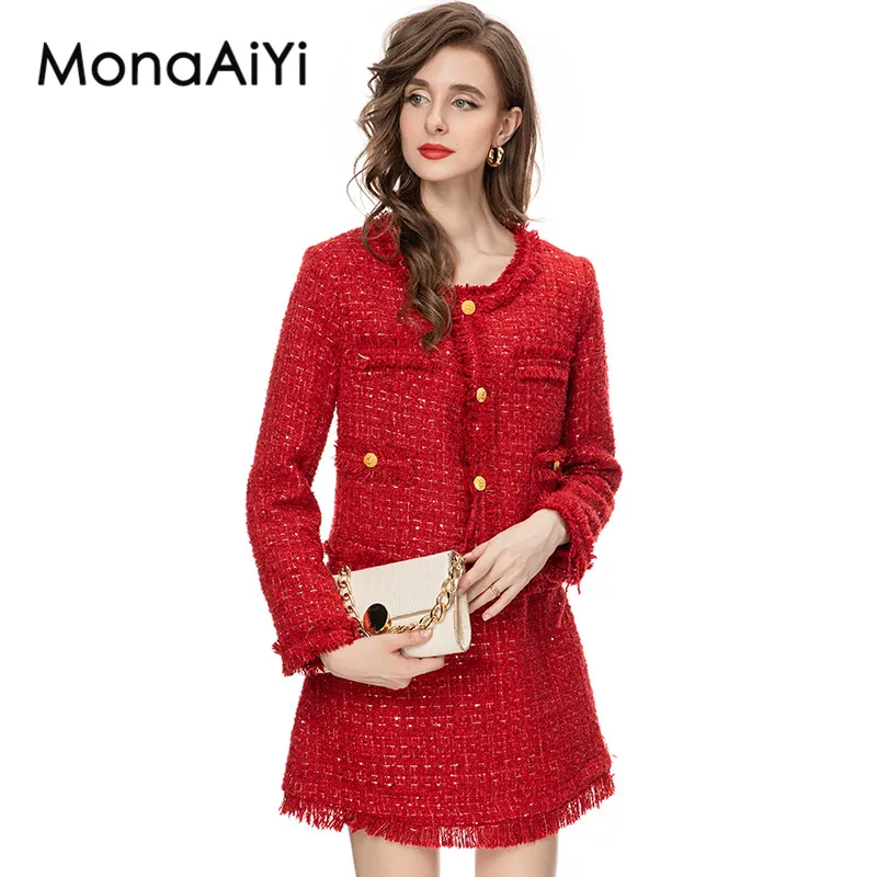 MonaAiYi New Fashion Designer Women's Round Collar Bright Silk Tassel Edge Single-Breasted Red Tweed Jacket+Mini Skirt 2pcs Set