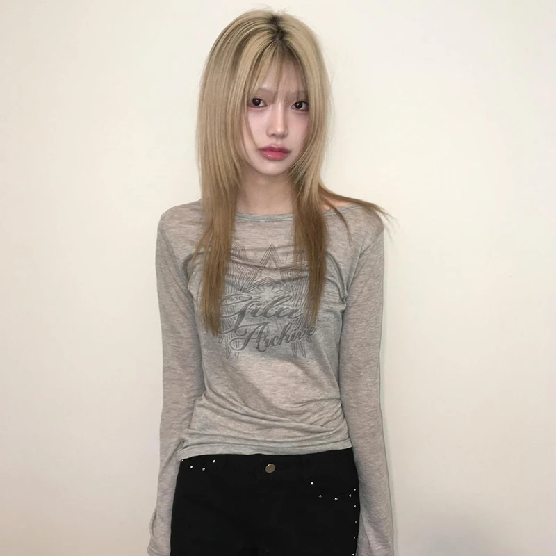 Karrram Japanese Y2k Letter Print Knitted Tops Korean 2000s Long Sleeve Knit T-shirt Vintage Harajuku Streetwear American Retro