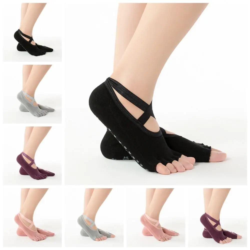 1 Pair Anti Slip Five Finger Socks Yoga Full Five Finger Cross Strap Yoga Socks Split Finger Half Open Professional