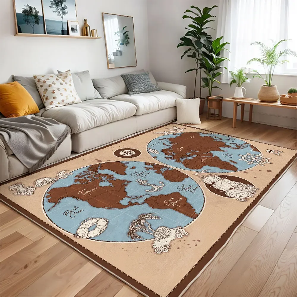 HD-Vintage World Map Area Rug with Ships and Anchors for Living Room Travel Decor
