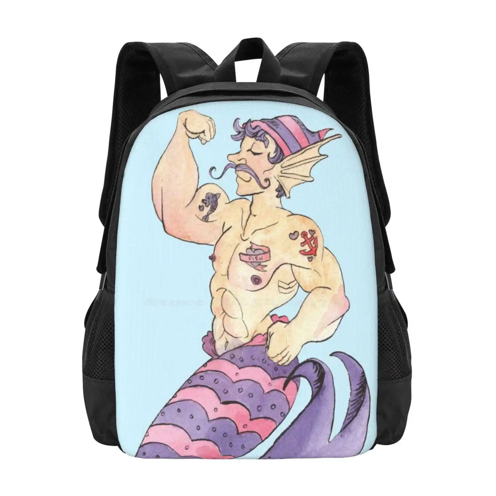 Mermay Sailor Merman With Tattoos Watercolor Fashion Pattern Design Travel Laptop School Backpack Bag Mermay Merman Merfolk