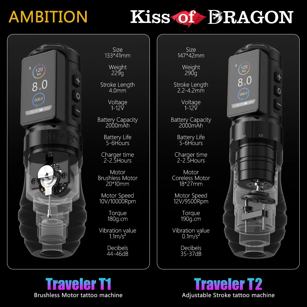 Ambition Wireless Tattoo Machine Traveler-T1 Straight Rod Direct Drive and Traveler-T2 Adjustable Stroke 2.4-4.2mm Battery Pen