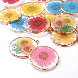12Pcs Round Pressed Flat Plated Epoxy Natural Real Hibiscus Daisy Blossom Dried Flower Resin Charms Pendant for Jewelry Making