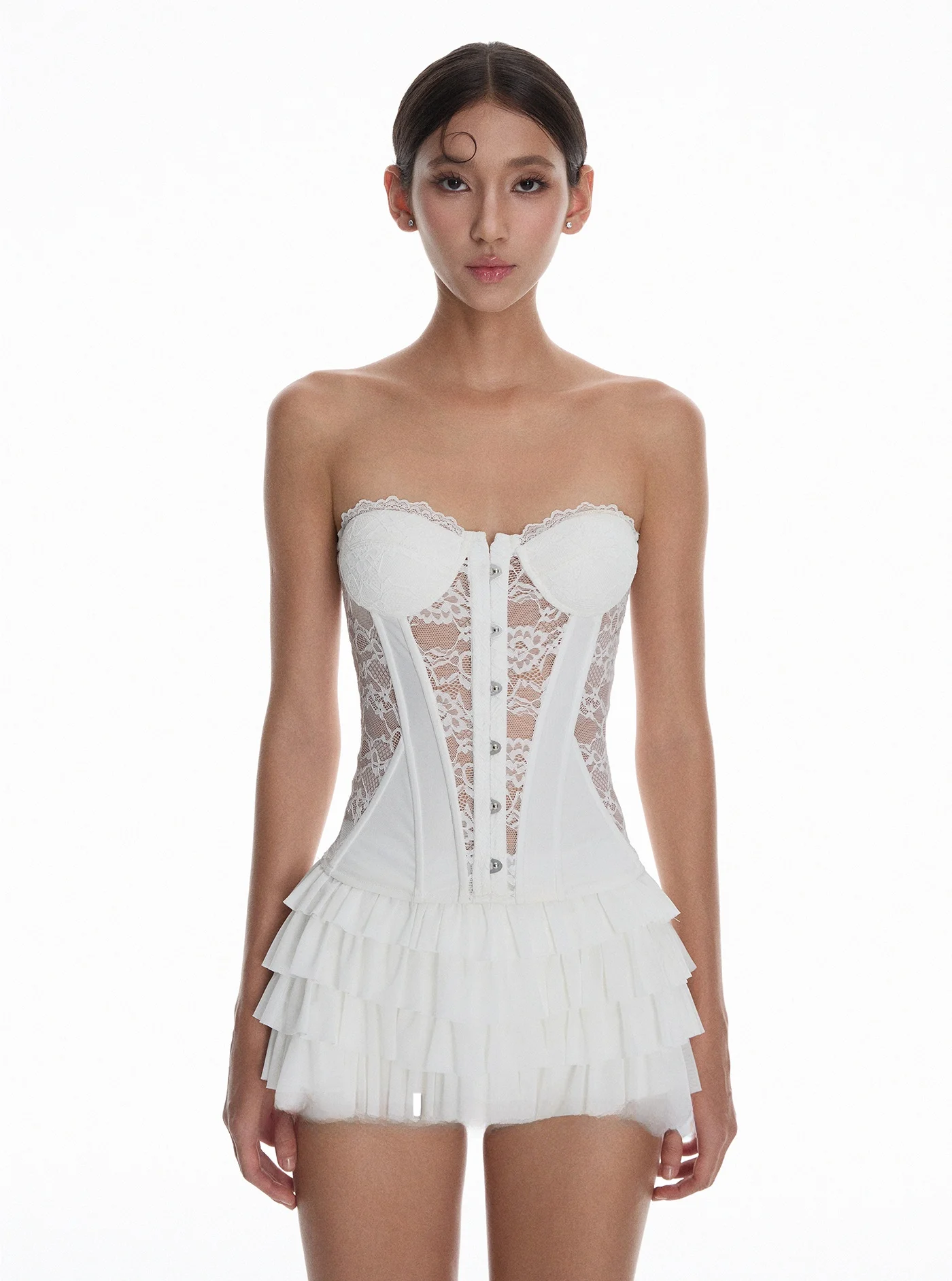 

Комплект Pure Desire: топ-бюстье с кружевными вставками и юбка с завышенной талией, женский летний наряд из полиэстера