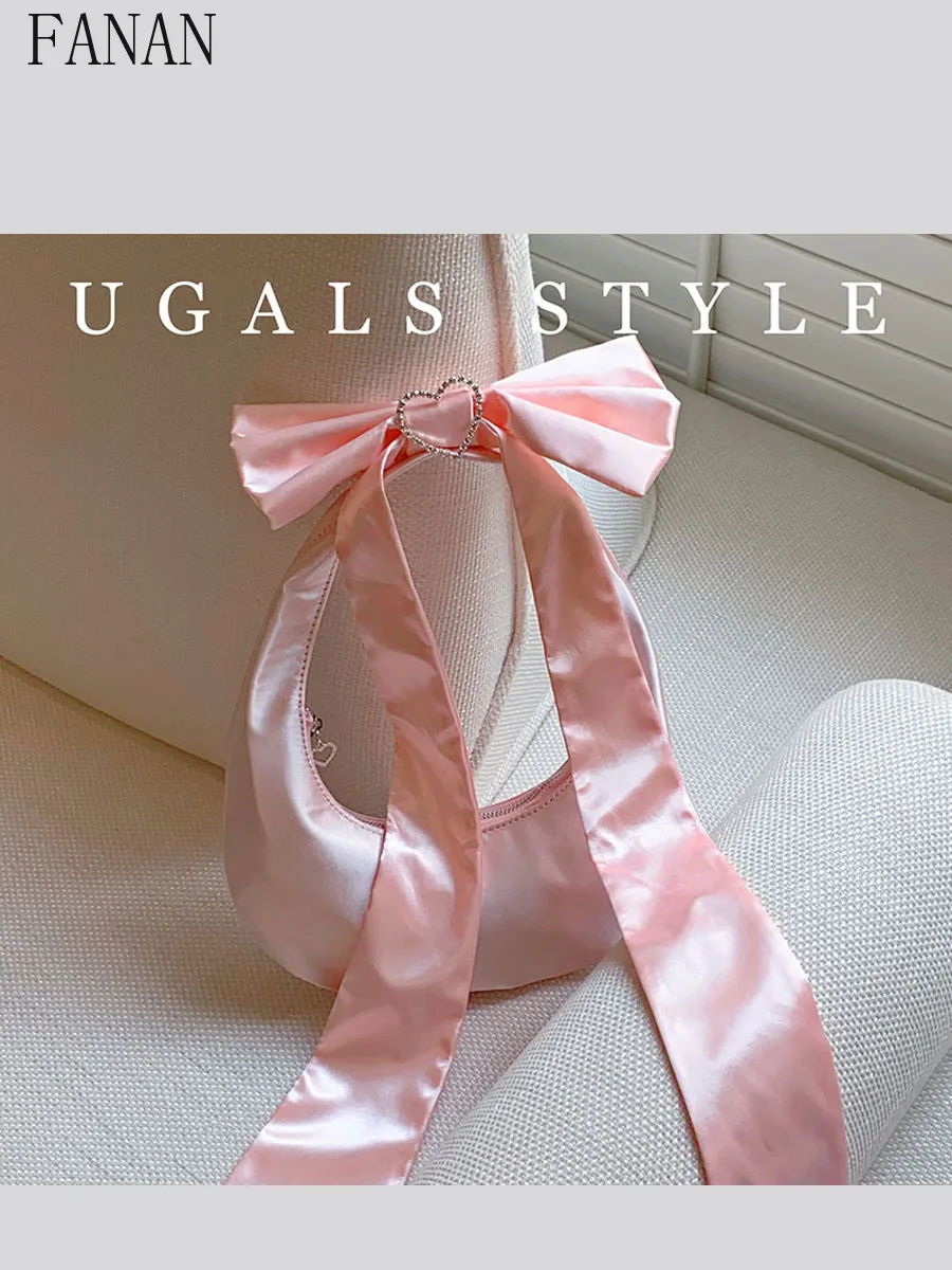 

Весна-лето 2024, новые милые светские сумки с милым бантом, шелковые атласные женские сумки на плечо, банкетные сумки со стразами для женщин