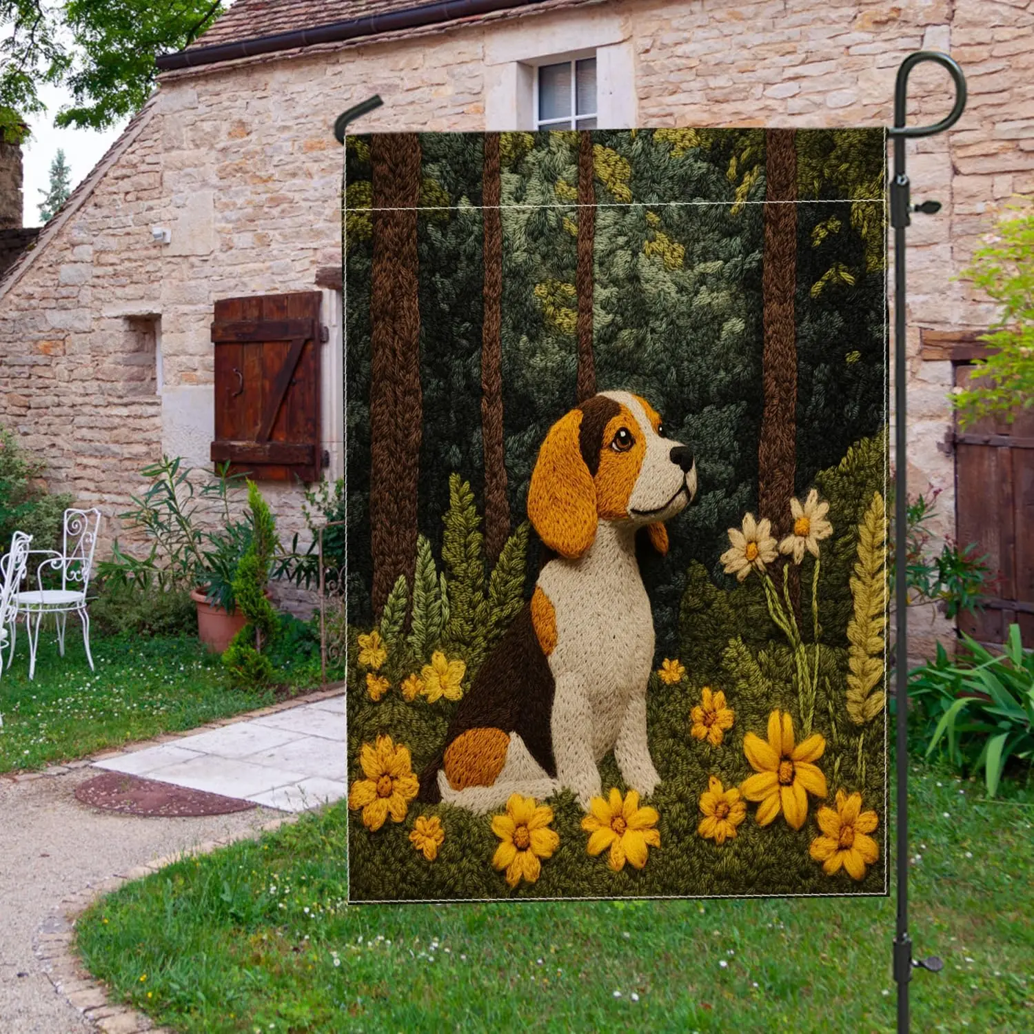 Fun Beagle Dog Front Yard Backyard Burlap Vertical Garden Flags 12x18 Double Sided for Outside, Spring Forest Scene Chien Sm uui