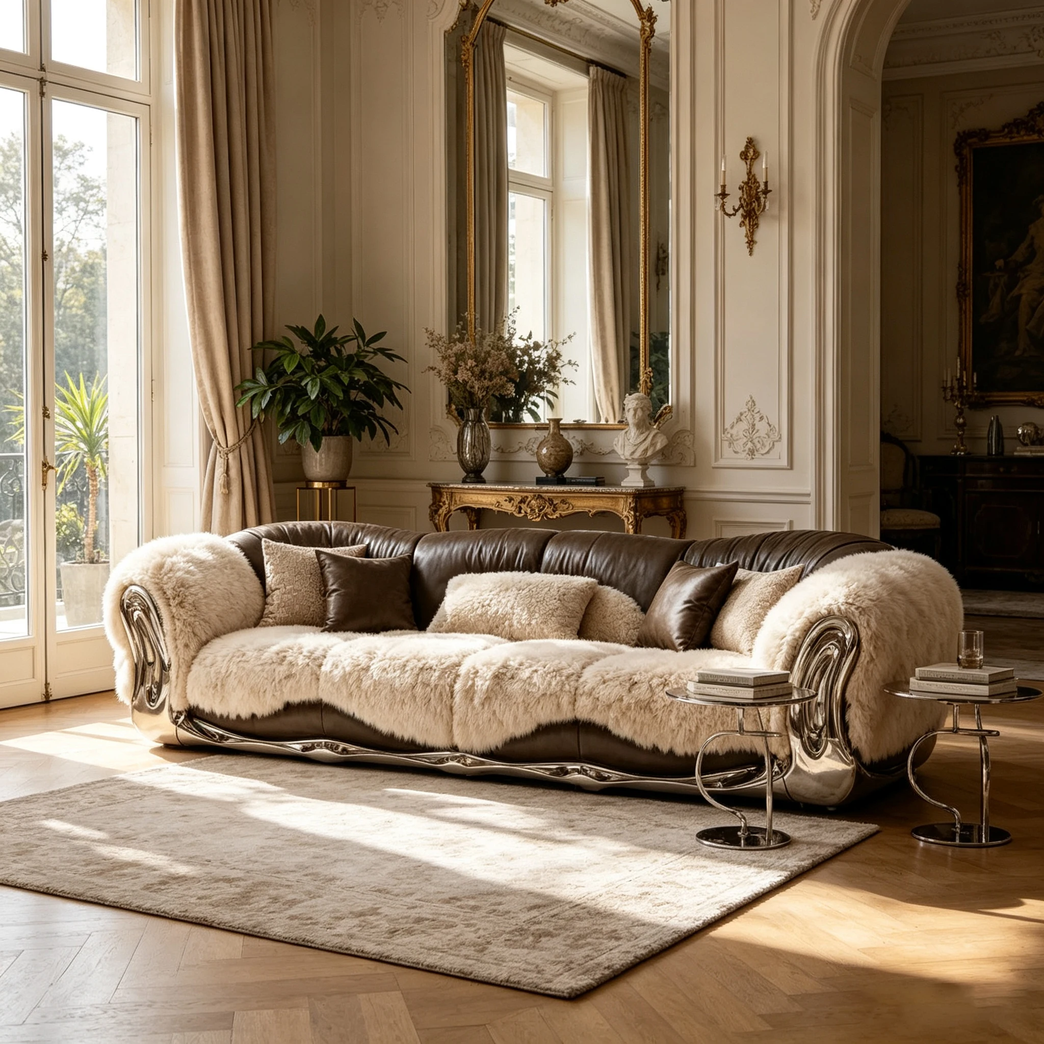 Z*-Luxury Fiberglass Leisure Sofa Chrome Trim Brown Plush with Throw Pillows for Villa Living Room^