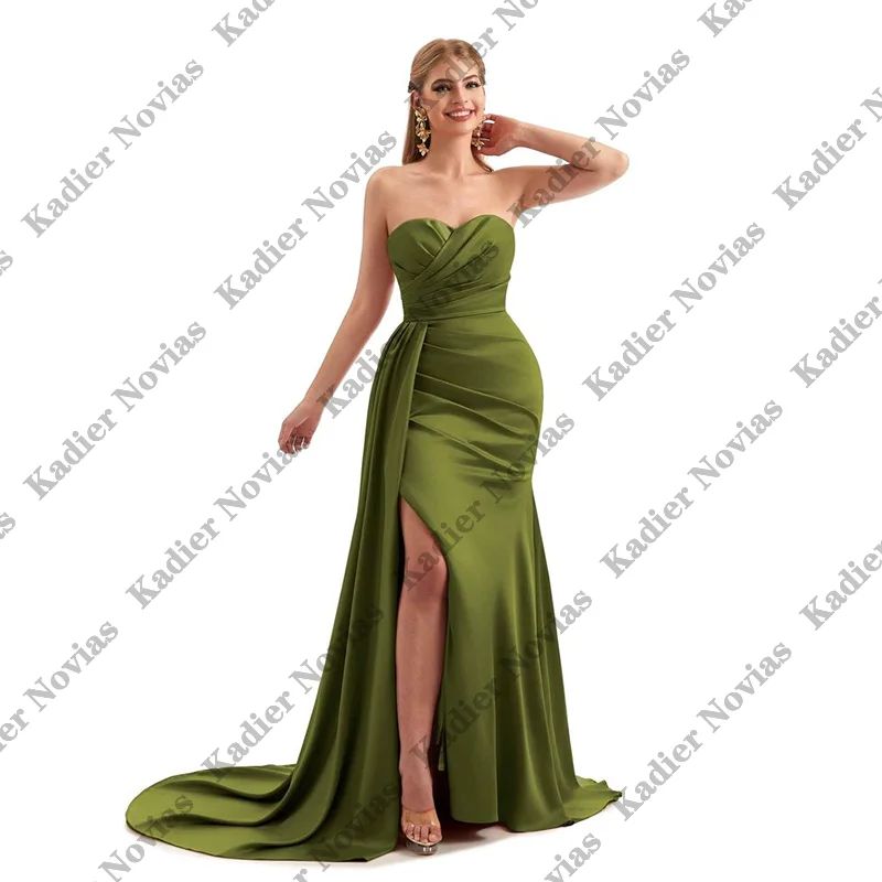 

Mermaid Green Long Bridesmaid Dresses with Slit Lace Up Floor Wedding Guest Party Maid of Honor Dress Customized