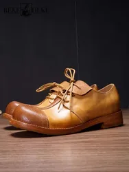 Retro Handmade Mens Cowskin Genuine Leather Derby Shoes Lace Up Round Toe Spliced Design Office Men Business Casual Dress Shoes
