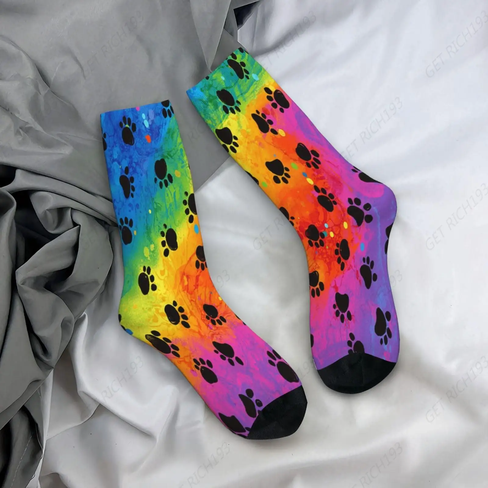 Calcetines de bota a media pantorrilla con pata de gato y perro de Color arcoíris, calcetines suaves y transpirables para equipo, calcetines deportivos atléticos novedosos para mujeres y hombres