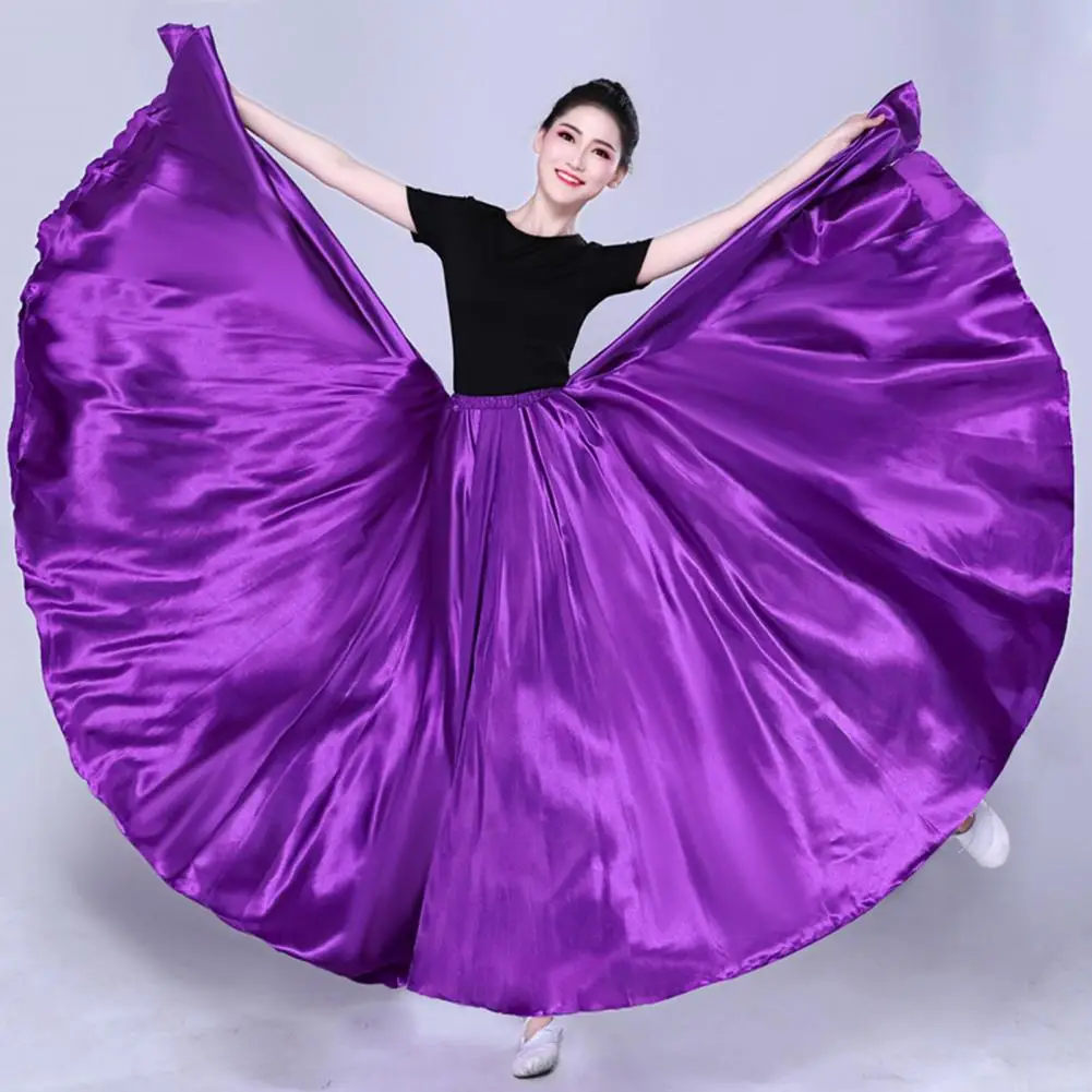 Dancing Skirt Women Tulle Skirt Elegant Satin Performance Skirt with High Elastic Waist Pleated Super Big Hem for Spanish Dance