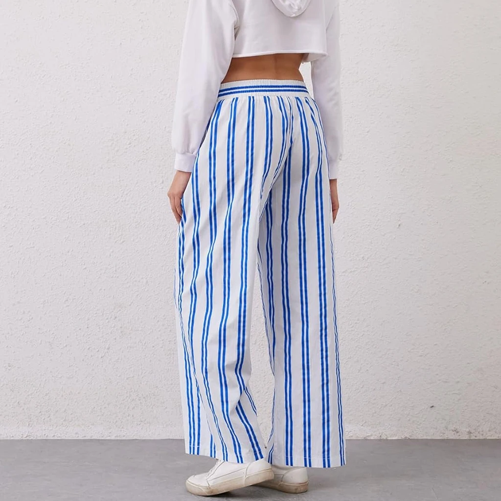 HEZIOWYUN Women Y2K Vintage Straight Leg Long Pants Elastic Waist Stripe Print Sleep Bottoms Loungewear Pj Trousers with Pockets