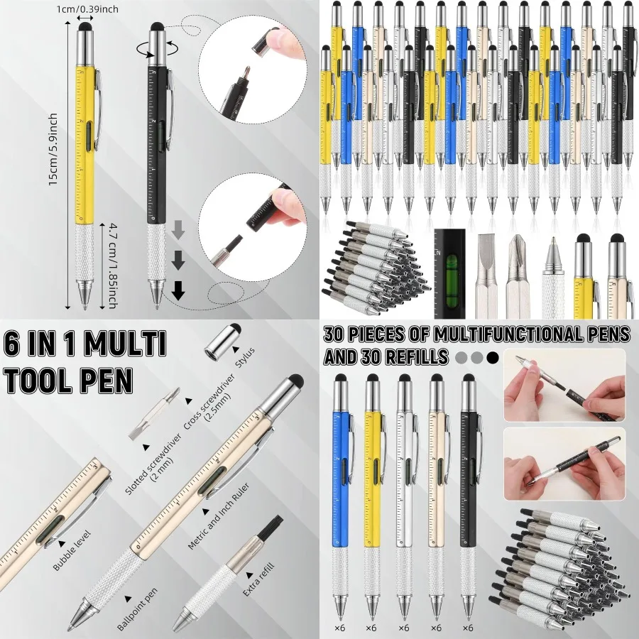 

Yeaqee 30 Pcs Multi Tool Pens for Men 6 in 1 Screwdriver Multi Function Pen with Refills Ruler Level Gauge Ballpoint Pen for Da