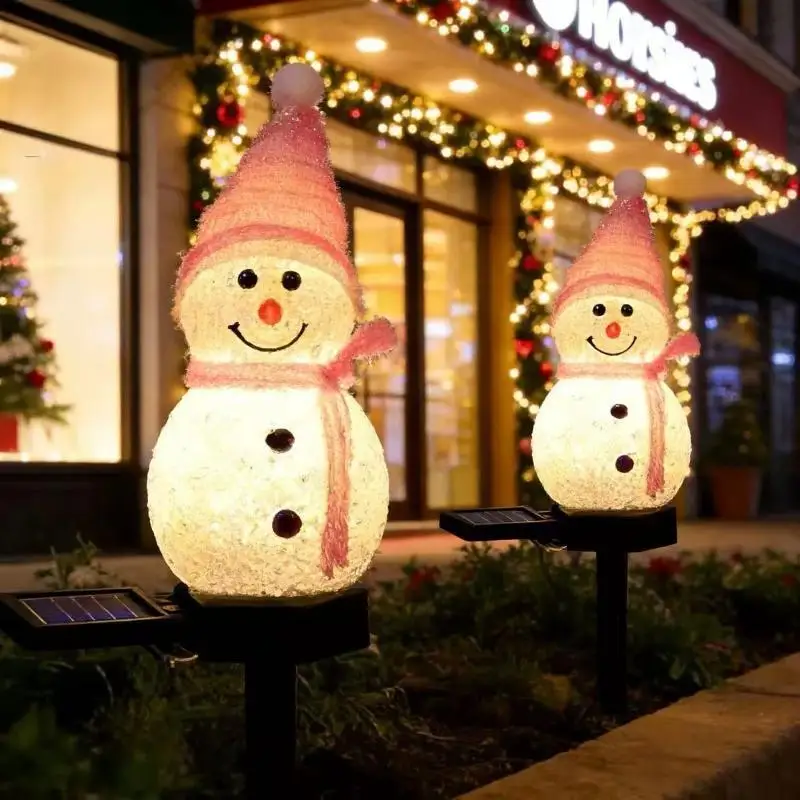 Solar Powered Christmas Snowman Stake Lights Warm LED Glow Cute Hat Scarf Perfect For Outdoor Yard Pathway Decoration