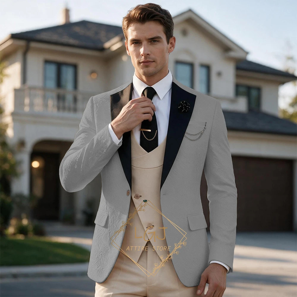 Luxury Men's 3 Piece Textured Jacquard Dinner Suit Set Formal Groom Wedding Blazer Waistcoat Trousers Tailored Fit