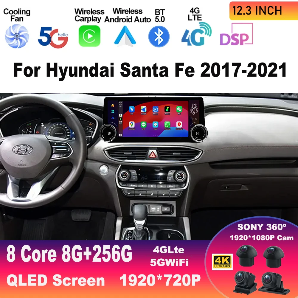 12.3Inch Touch Screen For Hyundai Santa Fe 2017 - 2021 Car Radio Double turn button Multimedia Player Navigation GPS Carplay DSP