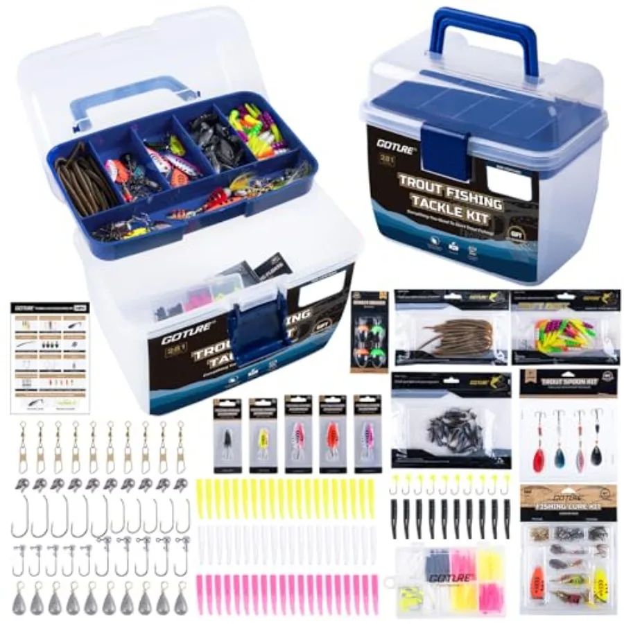 

Двухслойный рыболовный ящик для снастей с набором приманок для ловли форели, портативный органайзер для снастей с крючками, грузилами, блеснами и мягкими приманками