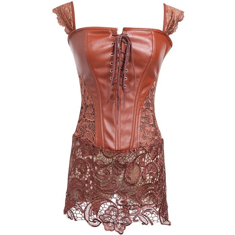 

Sexy Women Gothic Dress Faux Leather Lace Up Steampunk Bustier Corset Skirt Set Front Zipper Corselet S-6XL