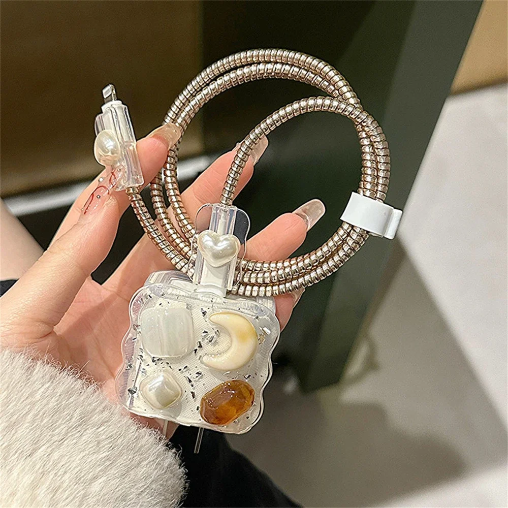 Y2K 3D Silver Moon Amber Glitter USB Cable Protector Cover for IPhone 15 14 18W-20W Data Line Head Cord Fast Charging Case