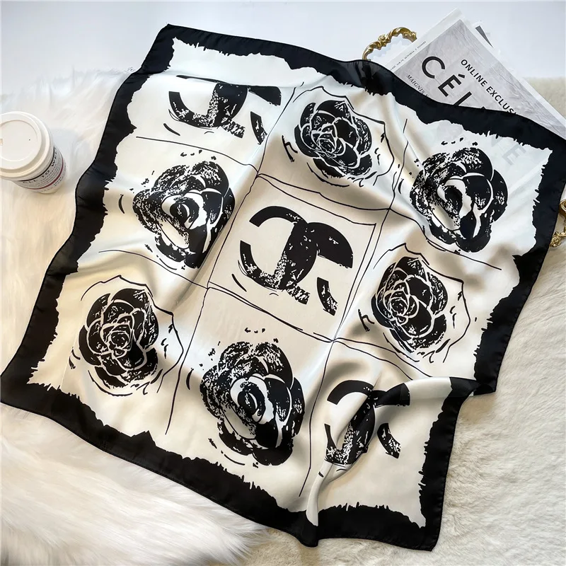 Luxury Design 70*70cm camellia Print Silk Square Scarf Women Soft Satin Hairband Neckerchief Office Hijab Headband Foulard Gift