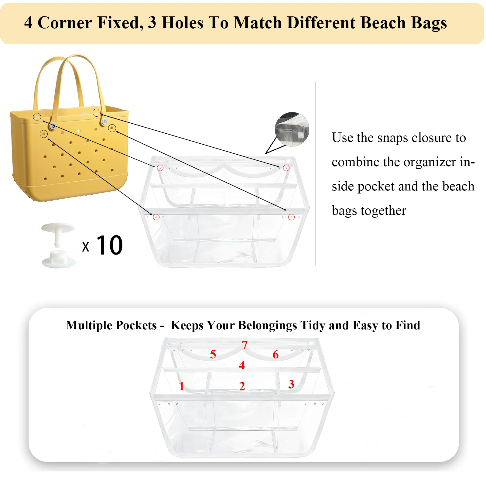 Clear Beach Bag Organizer, Original Accessorie Compatible with Bogg Bag XL, Waterproof Bogg Bag Insert & 2pcs Key Holder - White