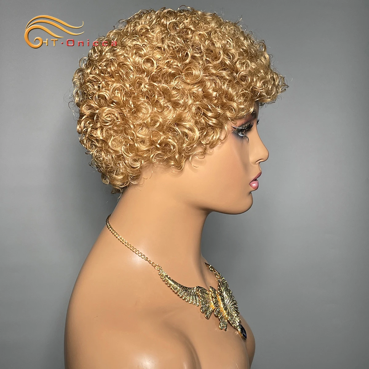 Honey Blonde Colored Kinky Curly Human Hair Wig Color 27 99J Machine Made Pixie Cut Wigs 100% Human Hair Wigs For Women