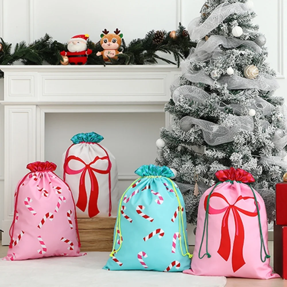 Bolsa de Papá Noel Navideña con Cordón, Bolsa de Regalo de Lona Rosa con Lazo y Bastón de Caramelo, Bolsa de Regalo Reutilizable para Navidad y Año Nuevo, Artículos para Fiestas y Recuerdos