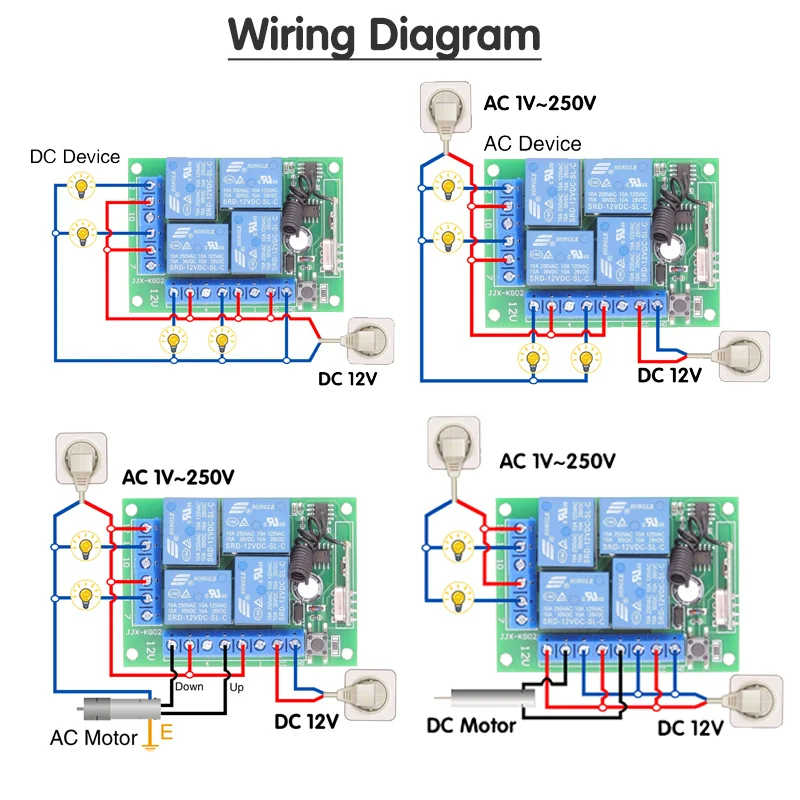 WenQia Universal Wireless Remote Control Switch DC 12V 4CH relay Receiver Module With 4 channel RF Remote 433 Mhz Transmitter