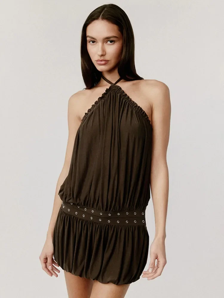 

Halter Backless Pleated Sexy Mini Dress Women Fashion Off-shoulder Sleeveless High Waist Ruched Club Party Dresses