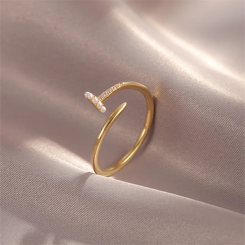 New Korean Simple Pearl Opening Ring Fashion Geometric Temperament Joker Ring Women's Jewelry