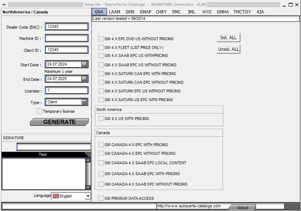 For Snap on Spare Parts Catalogs Generator V2.60 for GNA LAAM GMX GMAP CHRY SMC IML HYU GMHA TMCTOY KIA