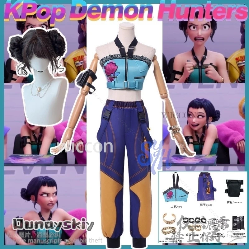 Uniforme de escenario Kawaii Corea Y2K Idol para niñas, Cosplay de Anime Demon Huntrix, Zoey Girls Groups, Top Sexy, pantalones, peluca, pendiente, Halloween