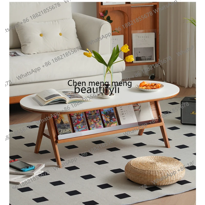 

Modern Nordic Oval Coffee Table White Rock Plate Tea Table Cherrywood Household Small Apartment Living Room round Solid Wood