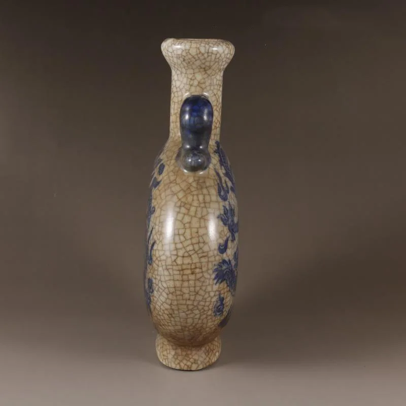 Antique blue and white dragon pattern elephant ear flat bottle for collecting Chinese style home and office desktop decorations