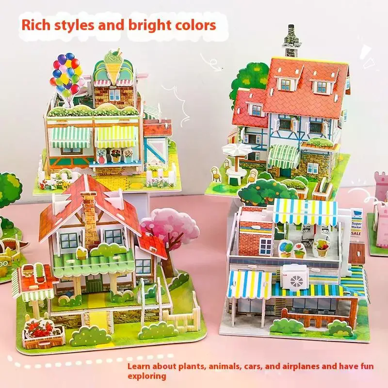Puzzle 3D z papieru Montessori Miniaturowe domki Kartonowe modele konstrukcyjne Puzzle dla dzieci DIY Dom Zabawki edukacyjne