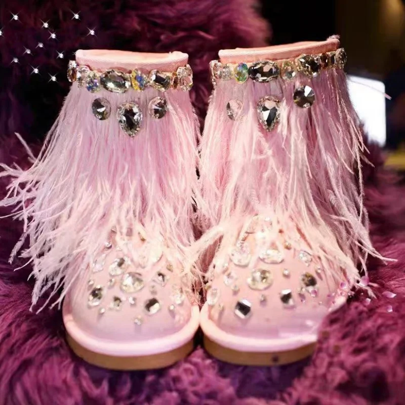 Hand custom rhine-diamond accessories Thick snow boots pink fur one comfortable women's cotton shoes 35-40
