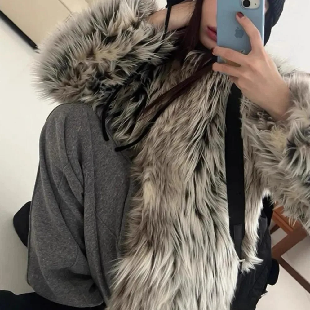 الشتاء التدرج ليوبارد طويل شعر أشعث فو الفراء معطف طويل الأكمام فروي المرأة سترة دافئة ميدي معطف ملابس خارجية فضفاضة