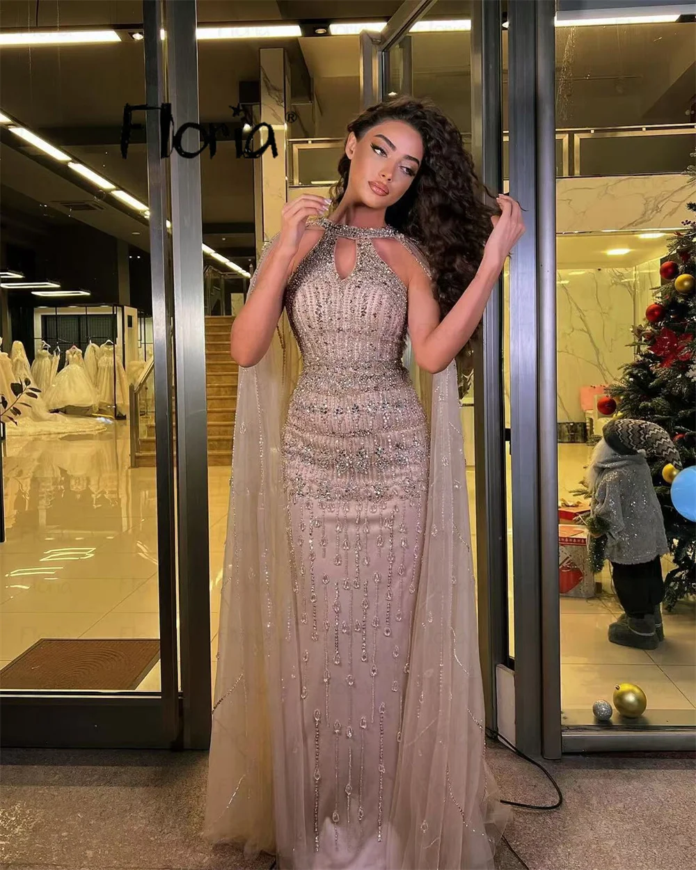 

Floria A Line Prom Wedding Dress Customized Long Cape Sleeve Beading Formal Evening Dresses For Women Pageant Party Gowns Arabic