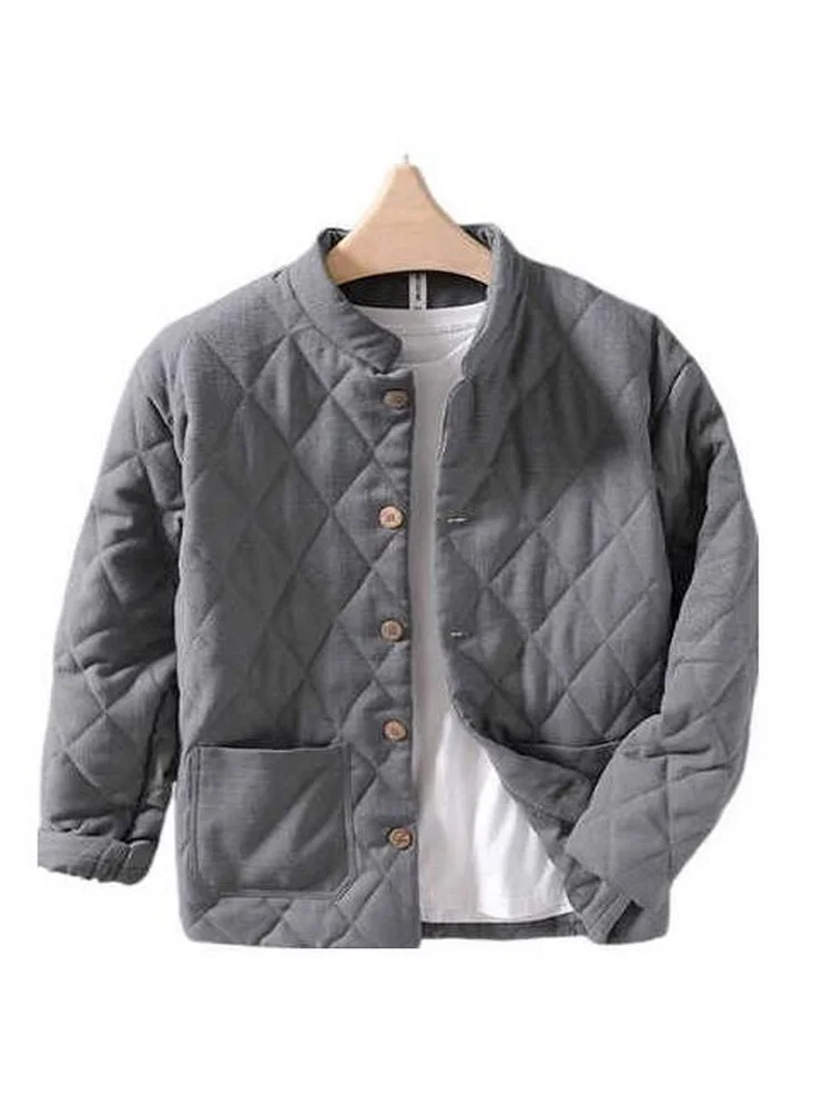 

Stand Collar Warm Padded Jacket Cotton Linen Overcoat Male Outwear Japanese Style Short Cotton Wadded Coat