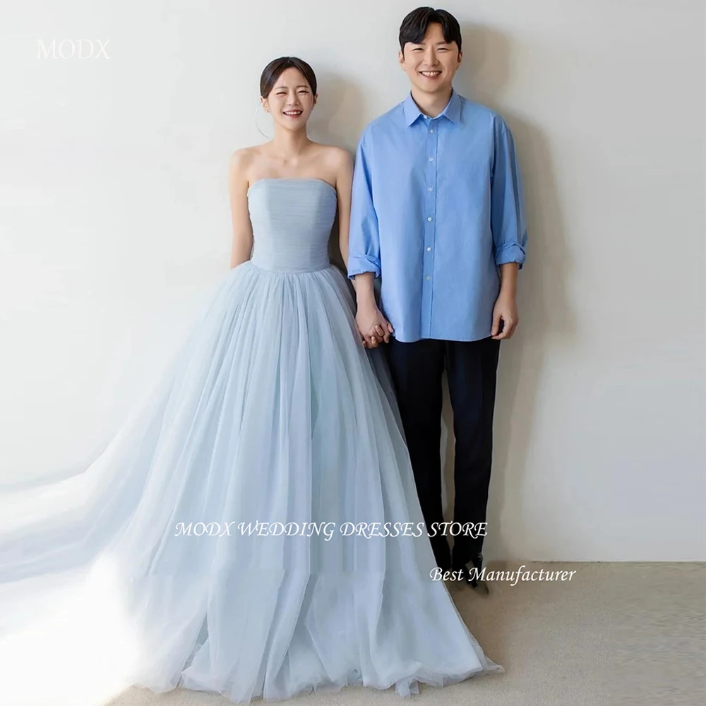 

MODX Sky Blue Simple Korea Wedding Dresses Photoshoot Tulle Strapless Backless Ruched Women Formal Gowns Bridge Gowns