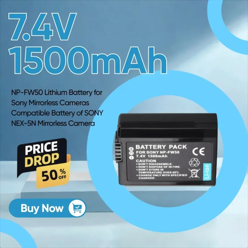 

7.4V 1500mAh NP-FW50 Lithium Battery for Sony Mirrorless Cameras Compatible Battery of SONY NEX-5N Mirrorless Camera