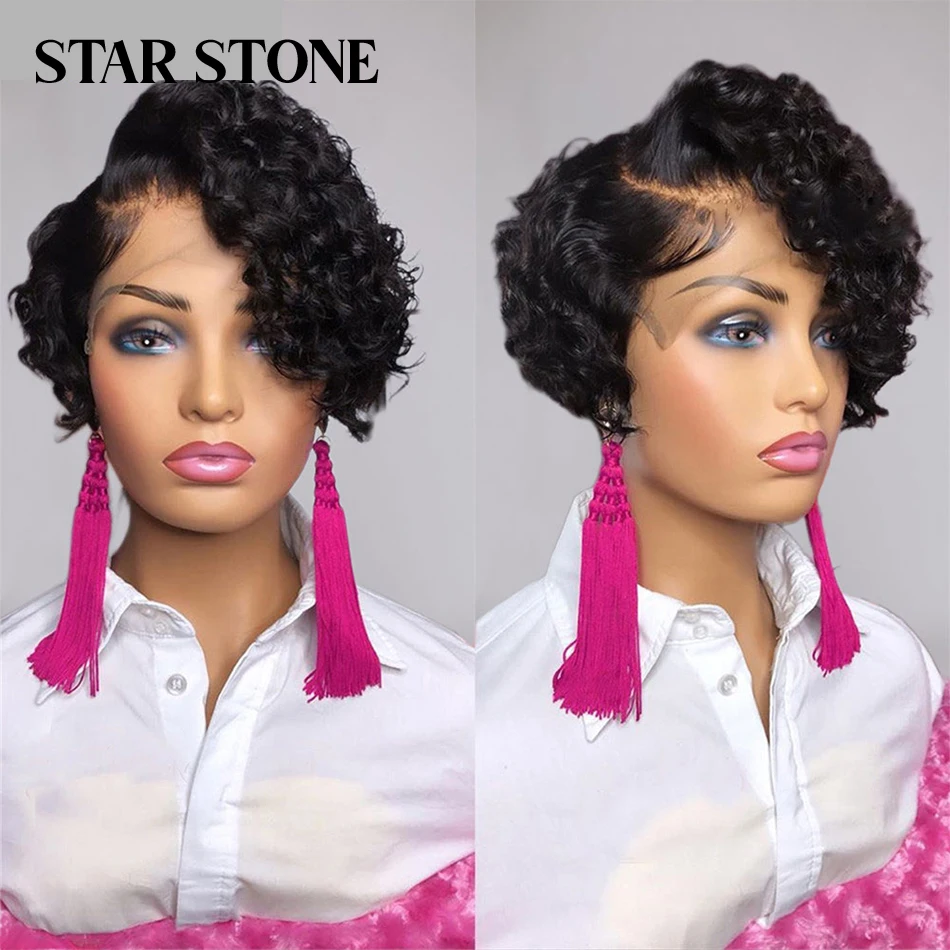 

STAR STONE Pixie Cut Curly Wigs Water Wave T-Part Lace Wig 100% Human Hair Wigs Pre Plucked Side Part Lace Wig Short Bob Wigs