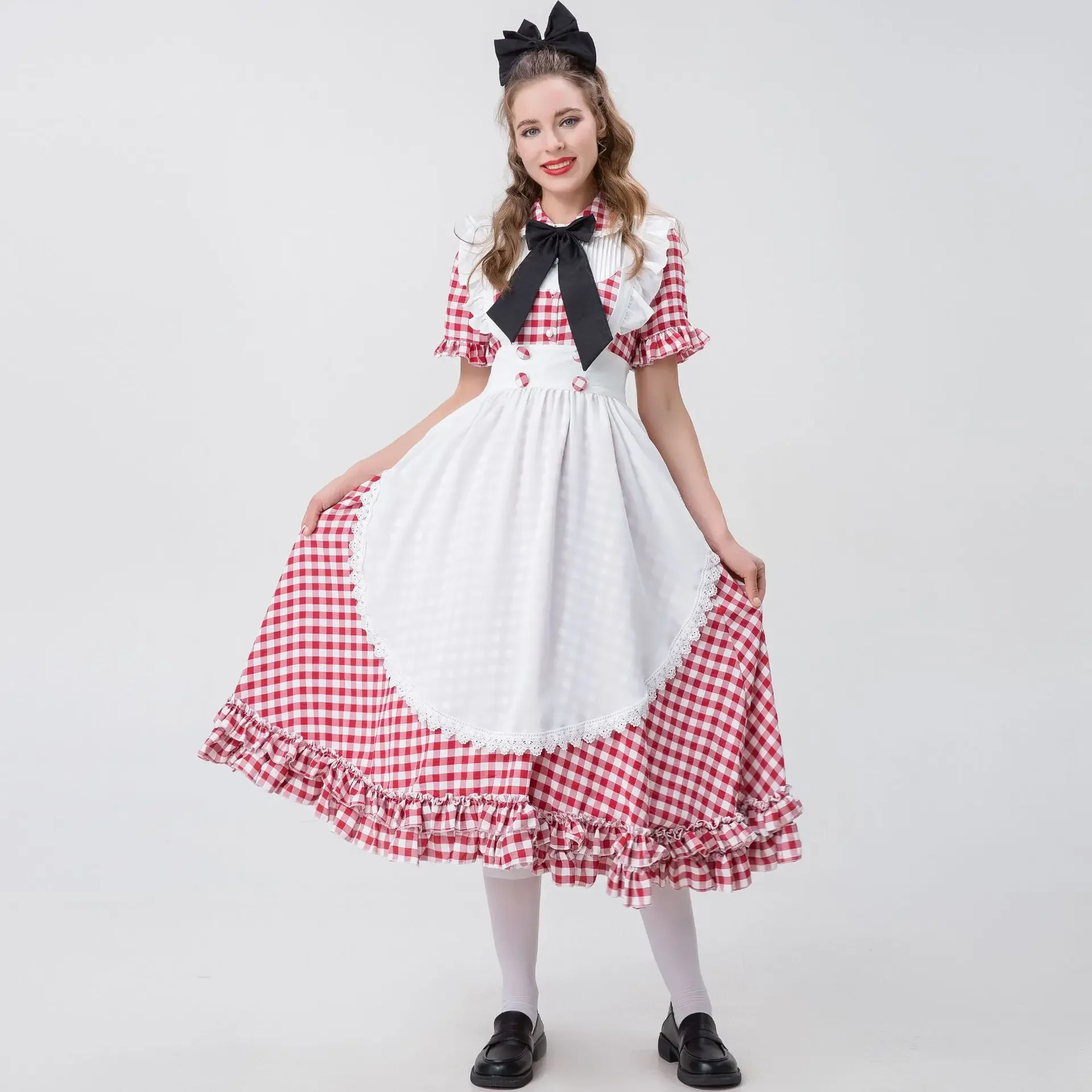 Halloween Farm Maid Dress Costume Checked Lace Oktoberfest Costume Maid Dress