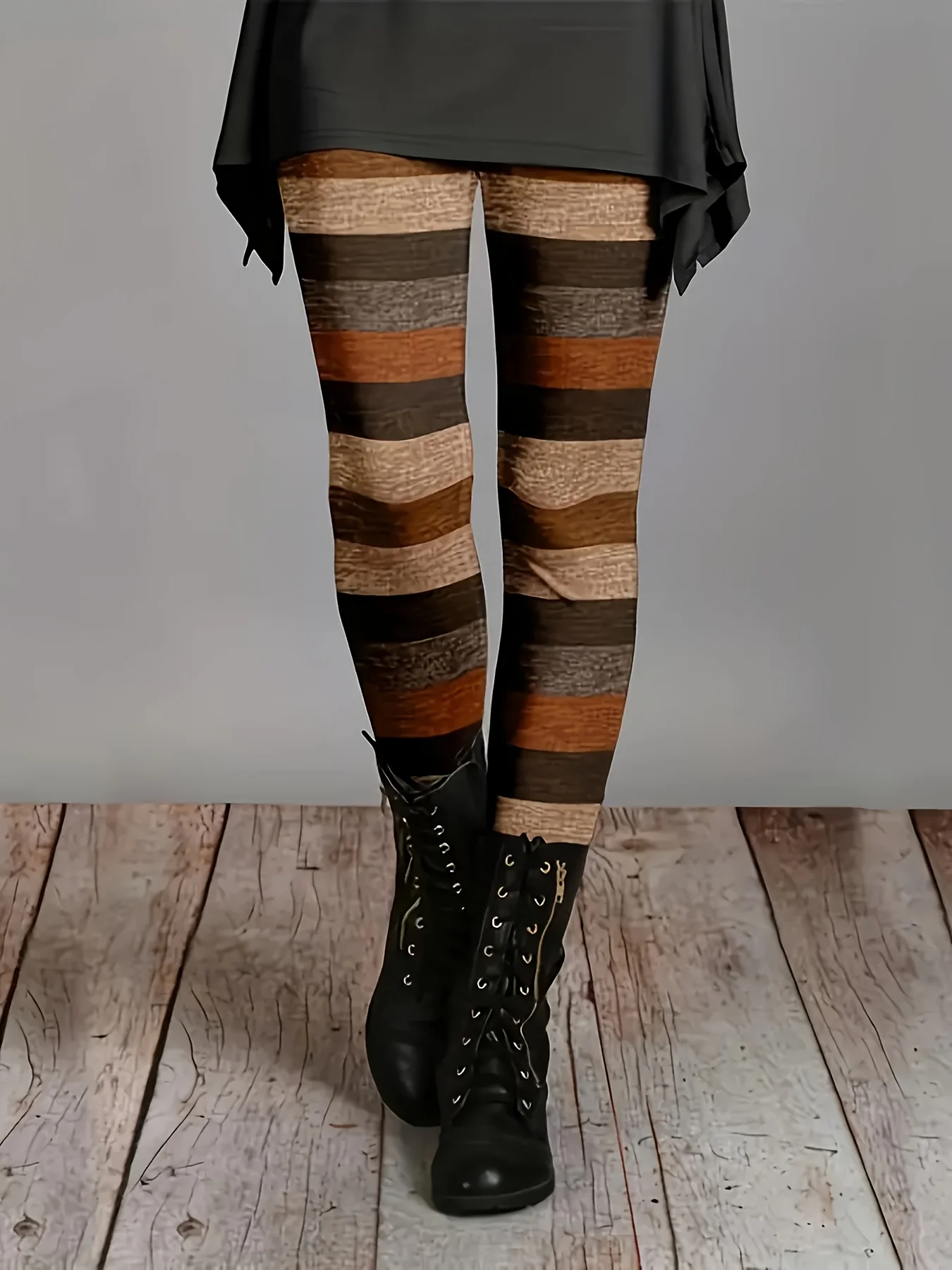 Women Fleece Lined Leggings Retro Brown Stripe Print Stretch Slim Warm Casual Pants