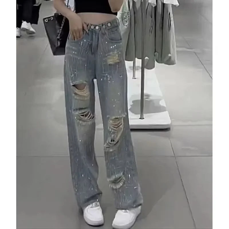 Calça jeans de cintura alta feminina, perfurada com broca quente europeia, perna larga feminina, encaixe solto, reto, coreano, verão