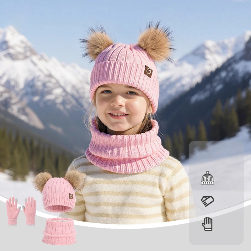 3Pcs Children Winter Hat Scarf Gloves Set Fur Ball Kids Knitted Beanie Suit for Girls Boys Hats Fleece Lining Child Cap 4-10Y