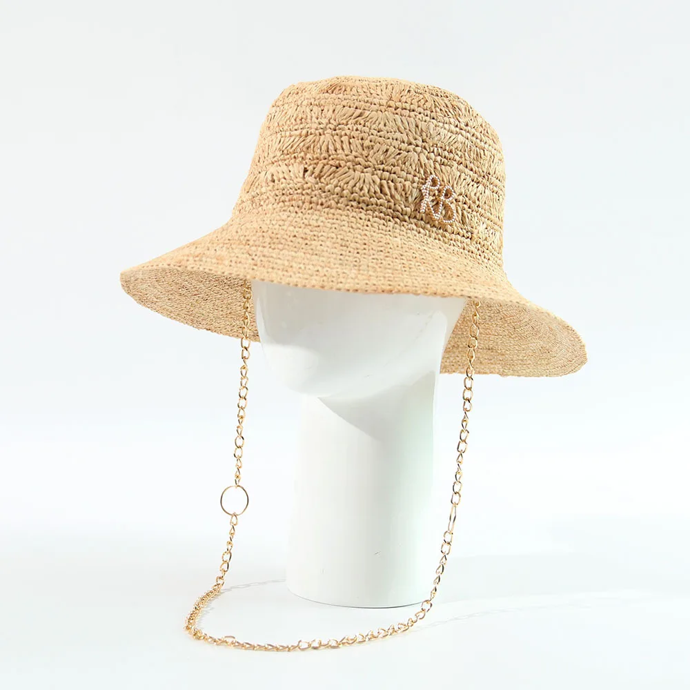 Raffia-Fischerhut mit Kette, handgehäkelter Sonnenhut für Damen, Outdoor-Strand-Strohhut