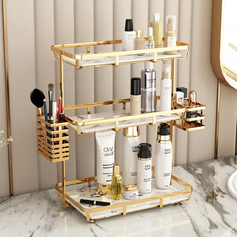 Estante de maquillaje para baño, estante de almacenamiento de cosméticos, organizador multicapa dorado, Accesorios de escritorio y soportes