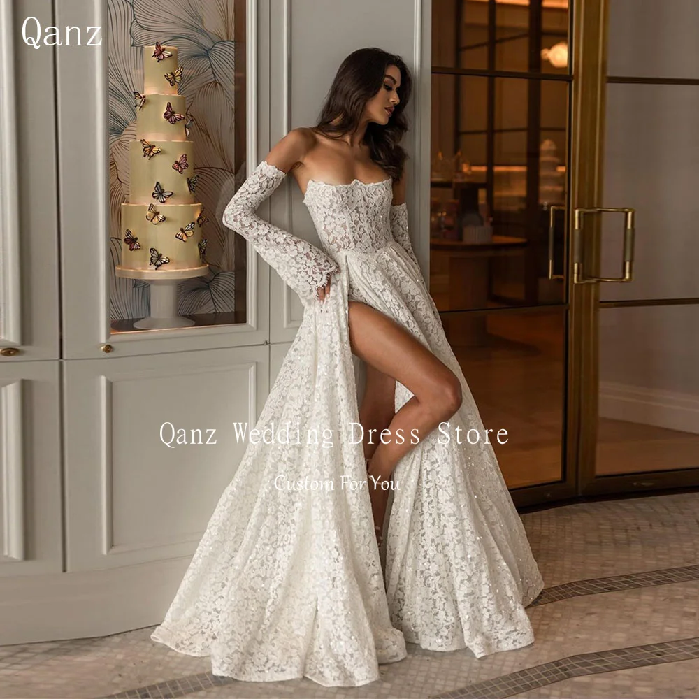 Qanz gaun pernikahan applique renda Bohemian gaun celah tinggi lengan panjang dapat dilepas Vestidos De Novia panjang lantai Robe De marifee 2024