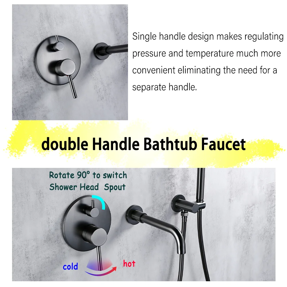 Grey Solid Brass hand shower Tub Spout Two Ways Hot Cold Mixing Bathroom Faucet Kit Smesiteli Brushed Stainless Steel Gun